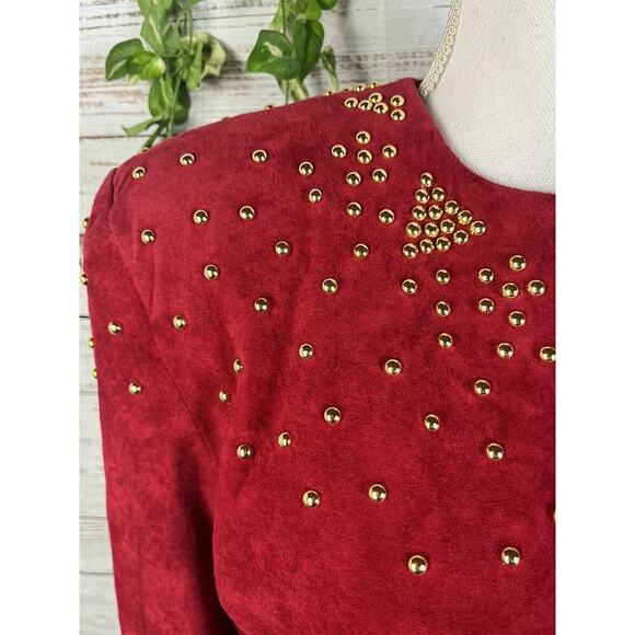 Pia Rucci Vintage Red Leather Dress size 12 Gold Studs 80's Dynasty Christmas - Picture 9 of 16